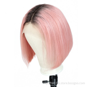 Ombre Pink Color Virgin Original Real Virgin Remy Indian Raw Human Hair Pixie Cut HD Sillk base Lace Front Straight Bob Wigs